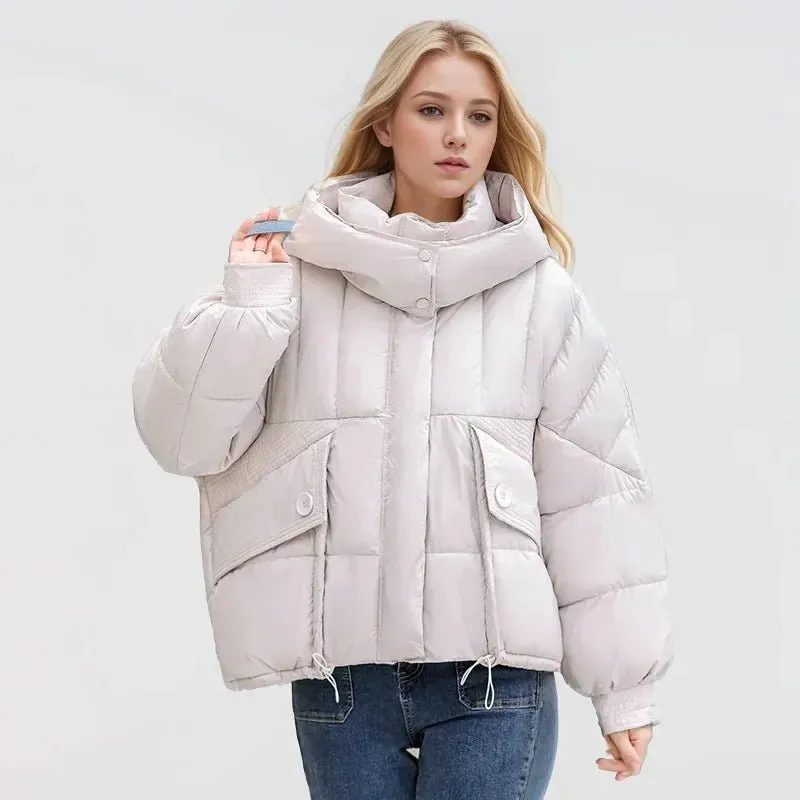 2024 neue lose Damen kurze Jacke Winter Frau Parka Taschen Mantel koreanische Mode weibliche ultraleichte dicke warme Mantel