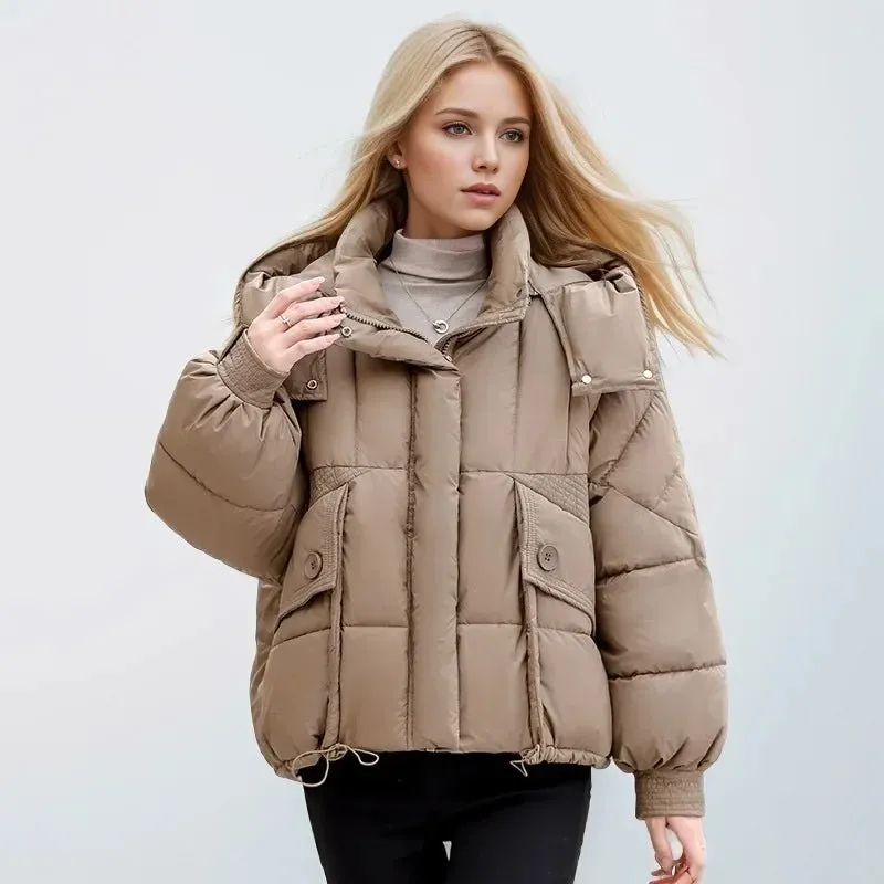 2024 neue lose Damen kurze Jacke Winter Frau Parka Taschen Mantel koreanische Mode weibliche ultraleichte dicke warme Mantel