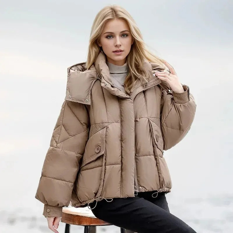 2024 neue lose Damen kurze Jacke Winter Frau Parka Taschen Mantel koreanische Mode weibliche ultraleichte dicke warme Mantel