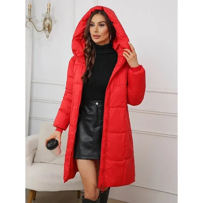 2024 neue Winter Frauen Lange Parkas Taschen Dicke Warme Mit Kapuze Unten Baumwolle Mantel Weibliche Lose Puffer Jacken Winddicht Schnee Mantel