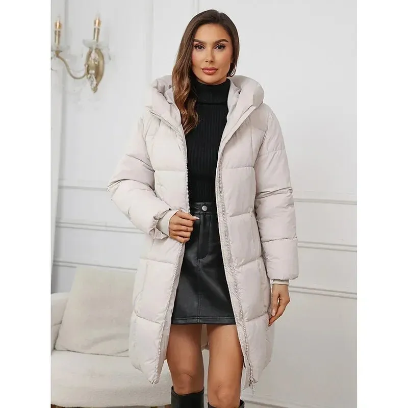 2024 neue Winter Frauen Lange Parkas Taschen Dicke Warme Mit Kapuze Unten Baumwolle Mantel Weibliche Lose Puffer Jacken Winddicht Schnee Mantel