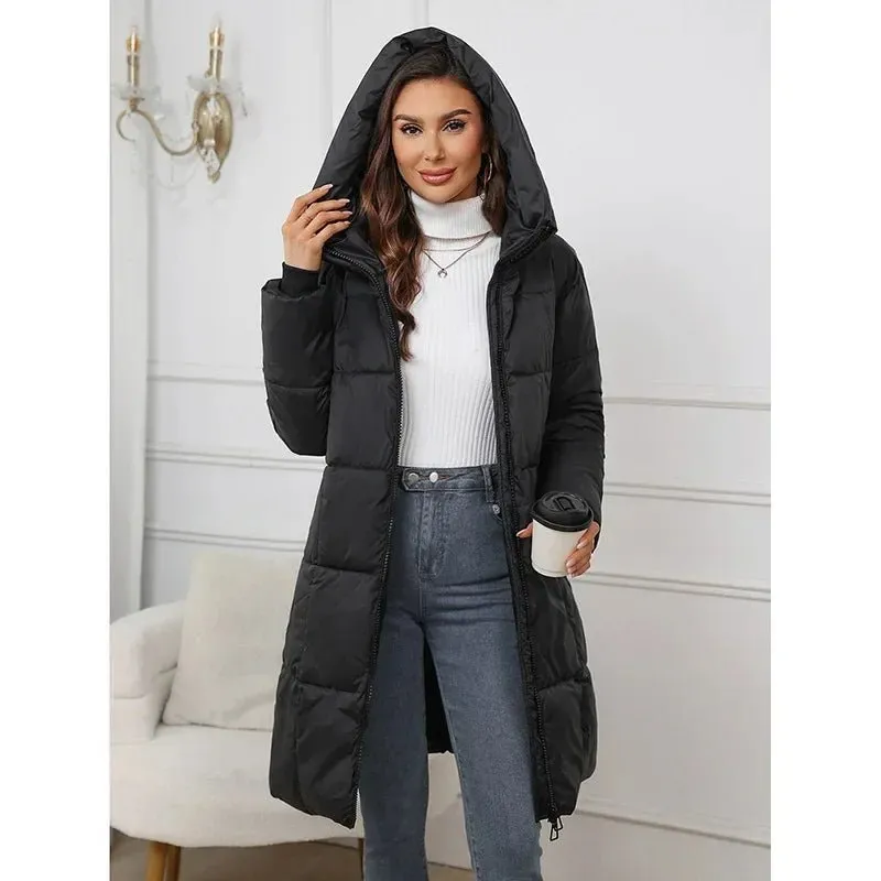 2024 neue Winter Frauen Lange Parkas Taschen Dicke Warme Mit Kapuze Unten Baumwolle Mantel Weibliche Lose Puffer Jacken Winddicht Schnee Mantel