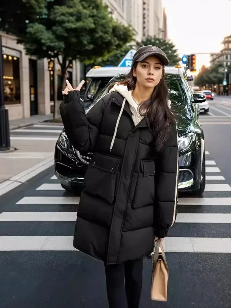 2024 Winter Women's Padded Jacket New Contrast Medium Long Fake Two Piece Down Cotton Jacket Female Hooded Casual Parkas Coats
