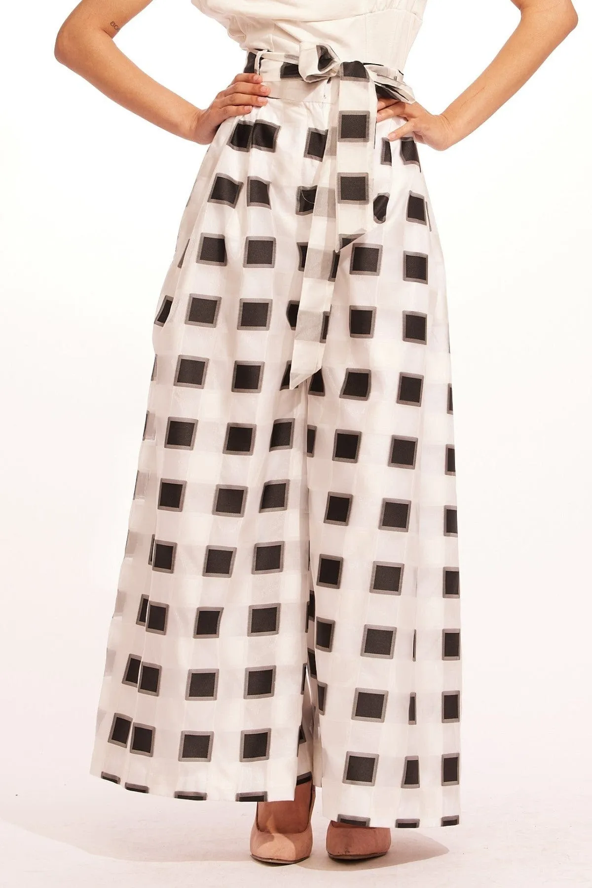 Belted Wide-Leg Pants - Black and White Check