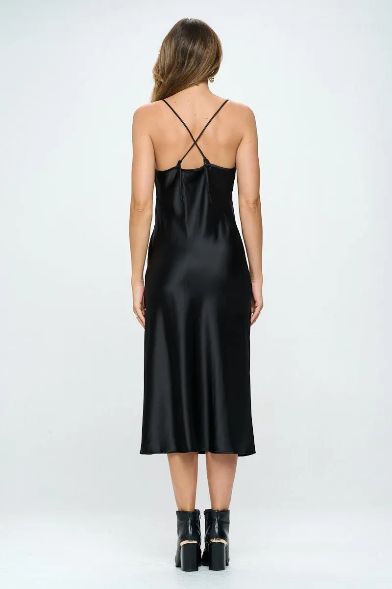 Black Satin Slip Dress with Cowl Neckline