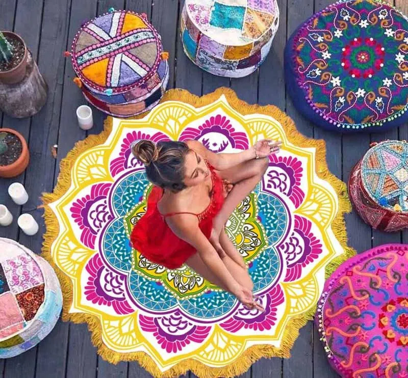 Bohemian Blue Lotus - Round Mandala Tapestry Beach Tower