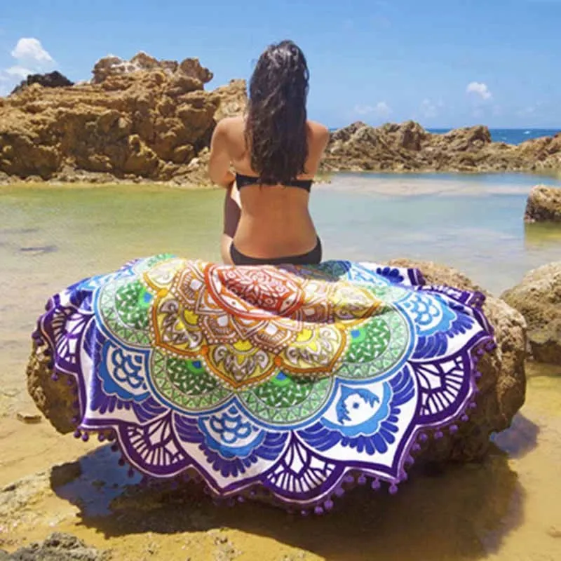 Bohemian Blue Lotus - Round Mandala Tapestry Beach Tower