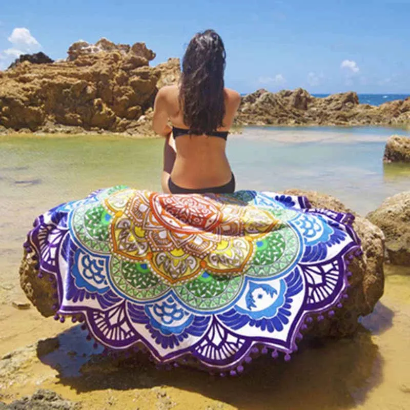 Bohemian Blue Lotus - Round Mandala Tapestry Beach Tower