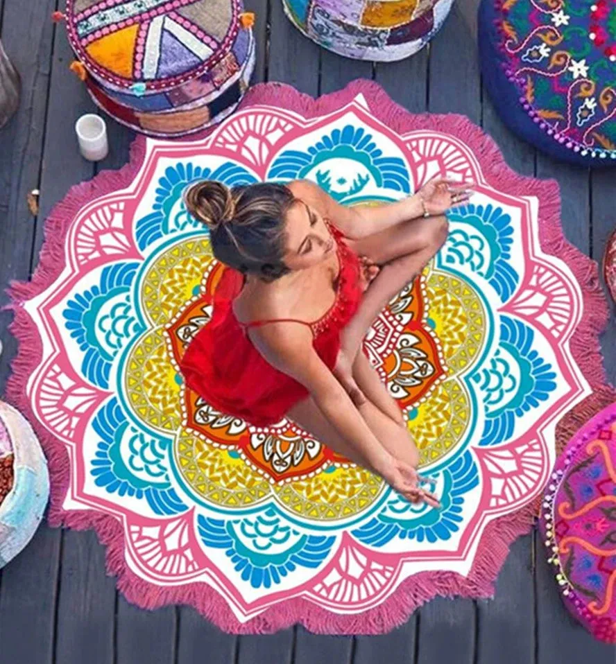 Bohemian Blue Lotus - Round Mandala Tapestry Beach Tower