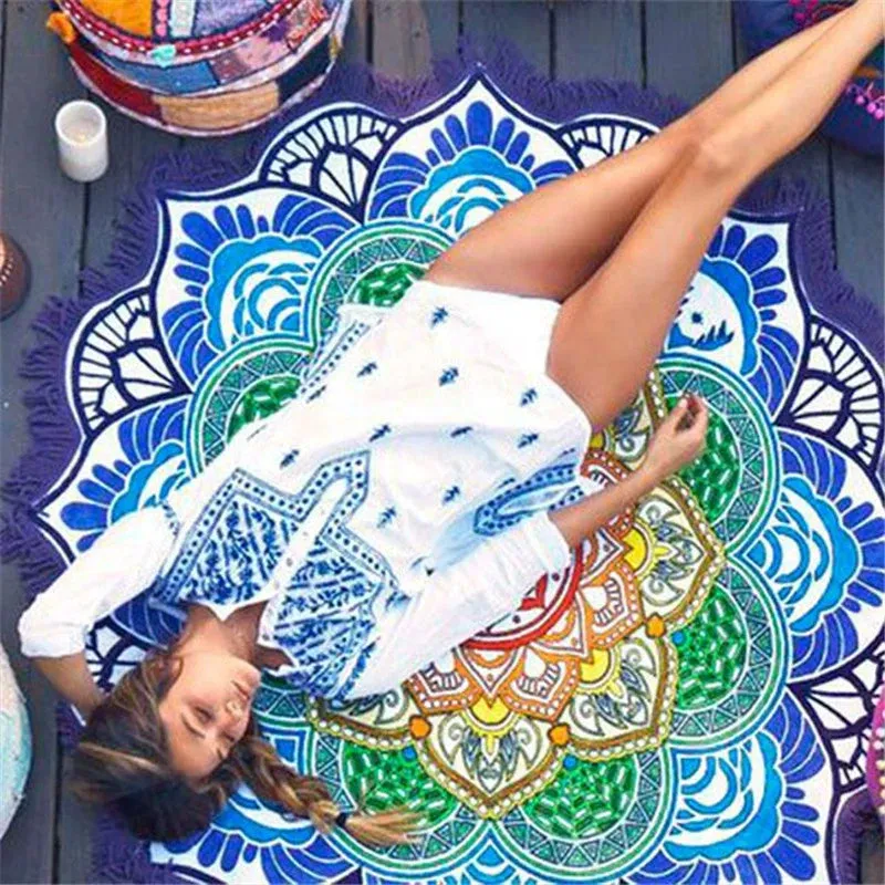 Bohemian Blue Lotus - Round Mandala Tapestry Beach Tower