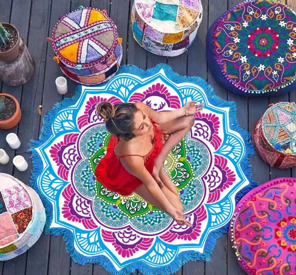 Bohemian Blue Lotus - Round Mandala Tapestry Beach Tower