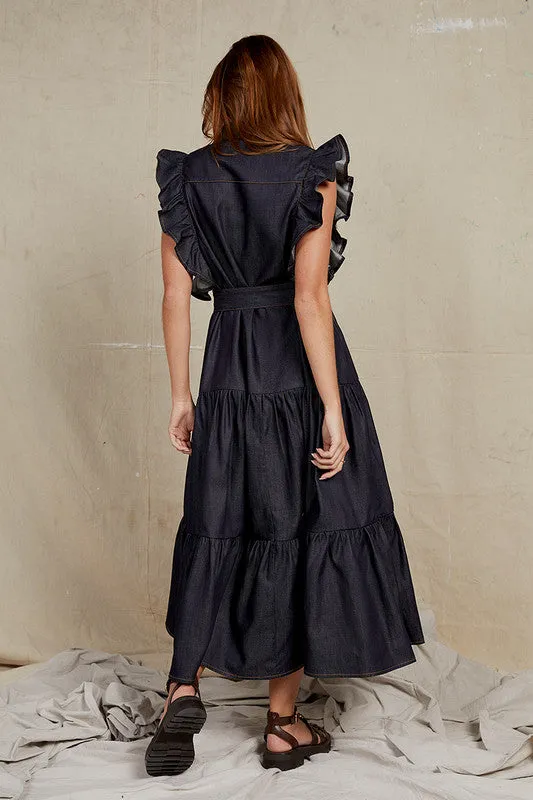 Bohemian Traders | Ruffle Batwing Midi dress in Indigo