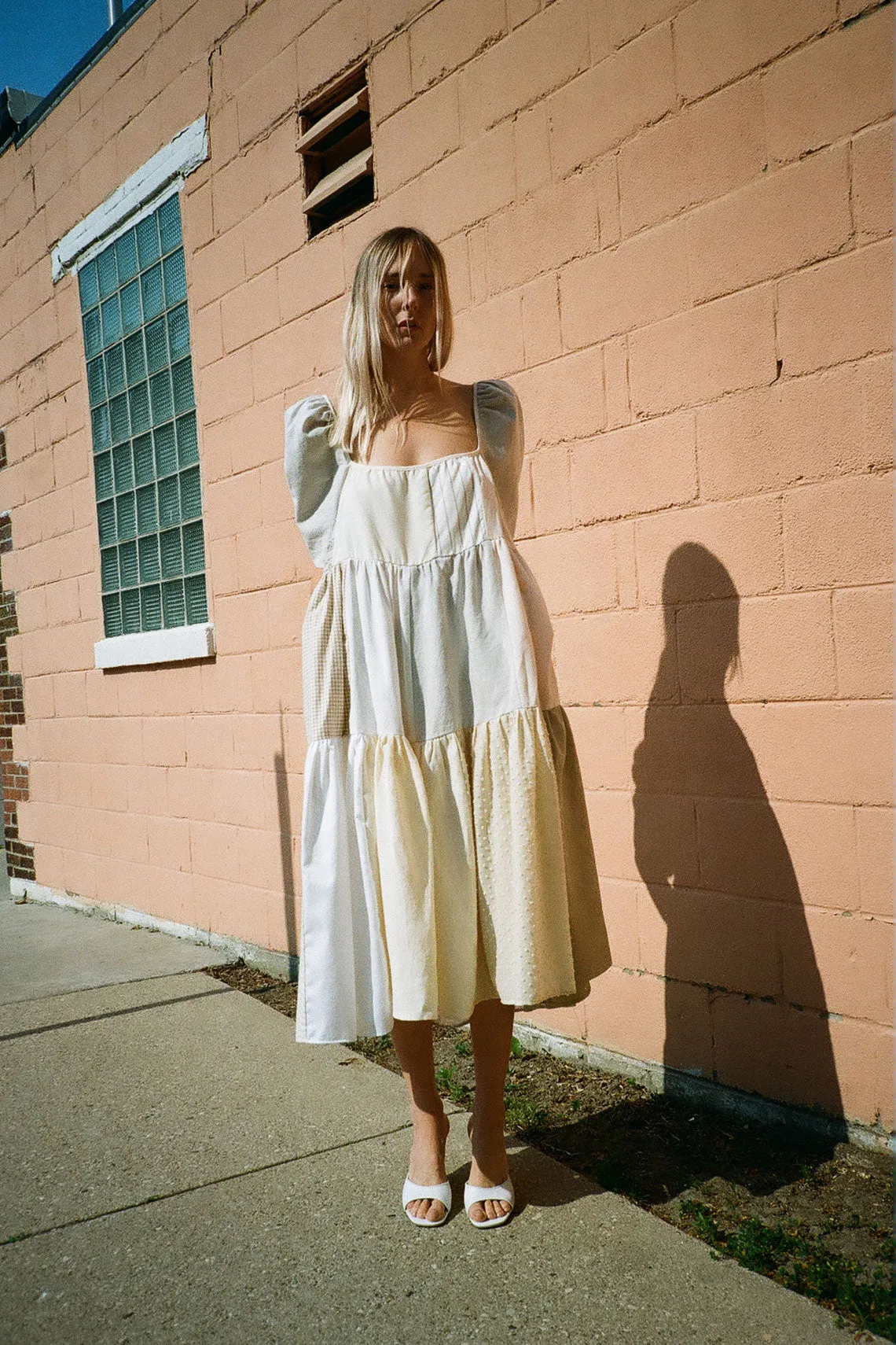 Creams Puff Sleeve Patchwork Dress