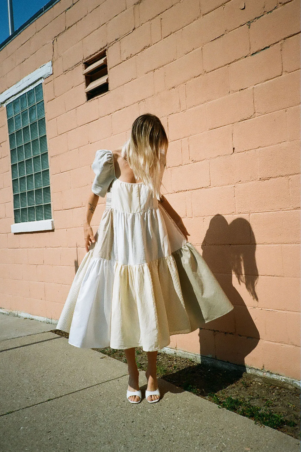 Creams Puff Sleeve Patchwork Dress