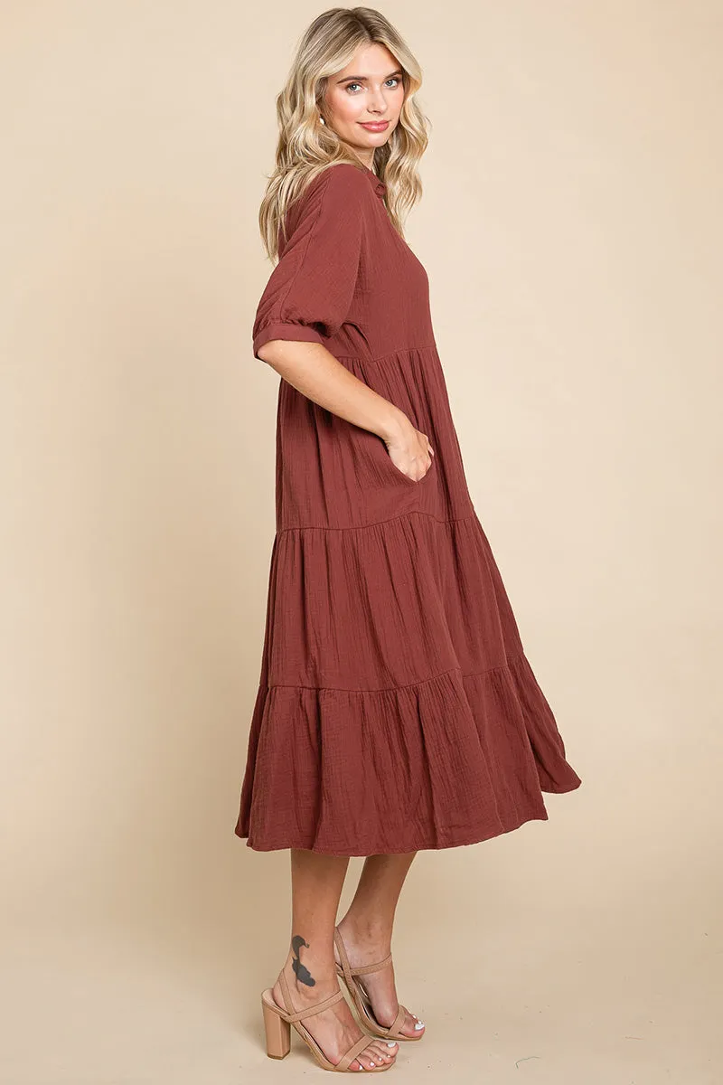 Double Gauze Tiered Cotton Midi Shirt Dress