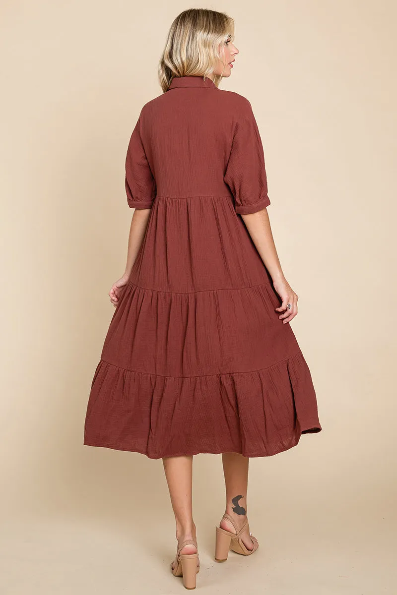 Double Gauze Tiered Cotton Midi Shirt Dress