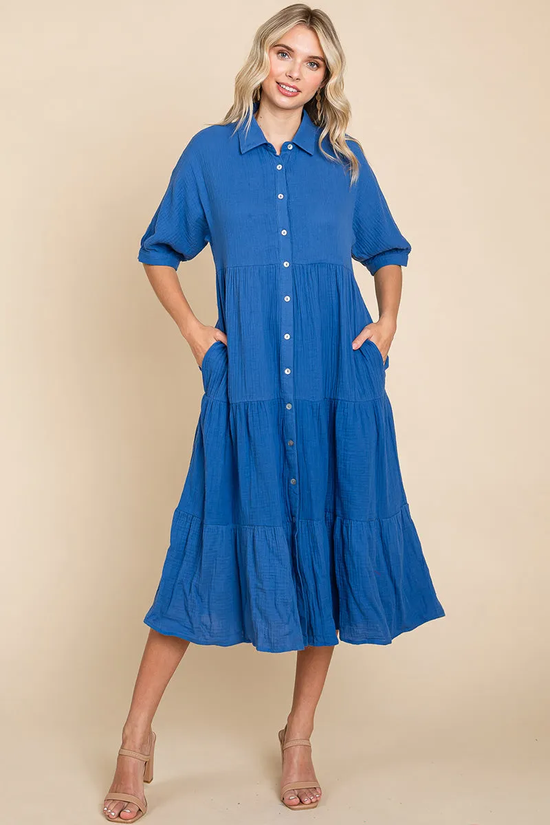 Double Gauze Tiered Cotton Midi Shirt Dress
