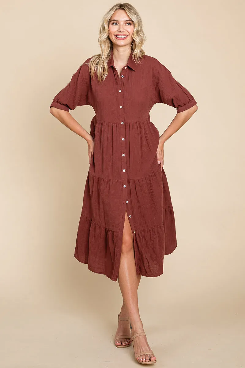 Double Gauze Tiered Cotton Midi Shirt Dress