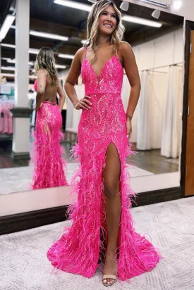 Exquisite Hot Pink Sequin Lace V Neck Mermaid Prom Dresses with Slit VK23112407