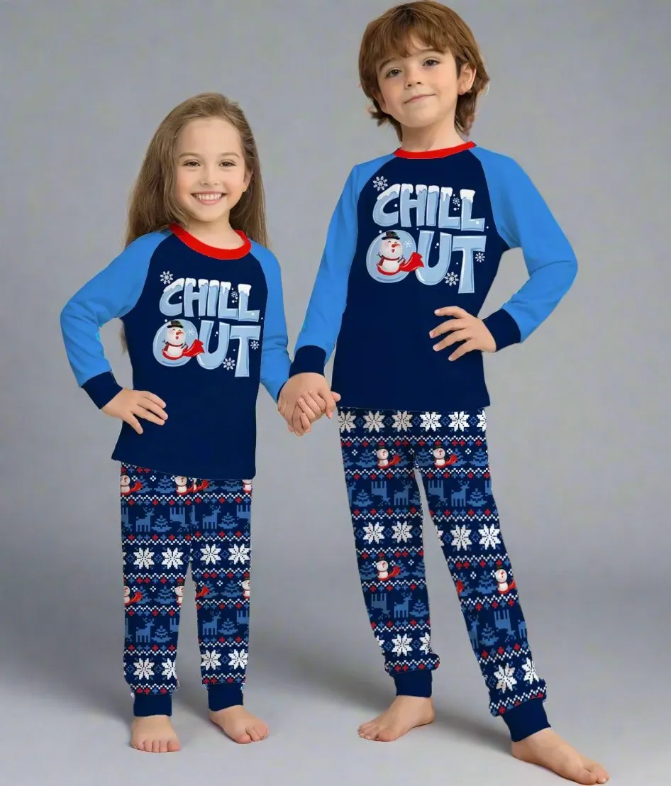 Family Matching Winter Pajama Set - "Chill Out" Snowman Print with Cozy Blue Snowflake Design