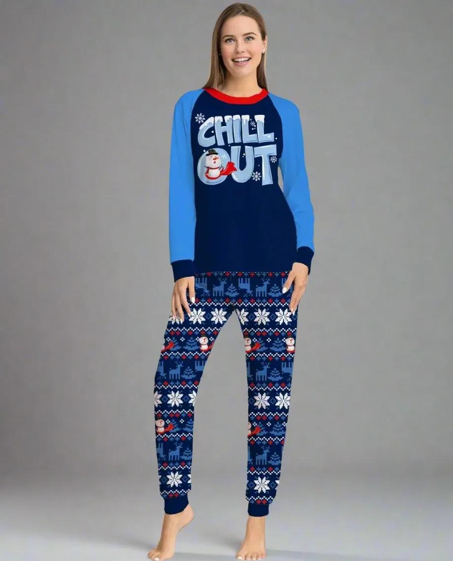 Family Matching Winter Pajama Set - "Chill Out" Snowman Print with Cozy Blue Snowflake Design