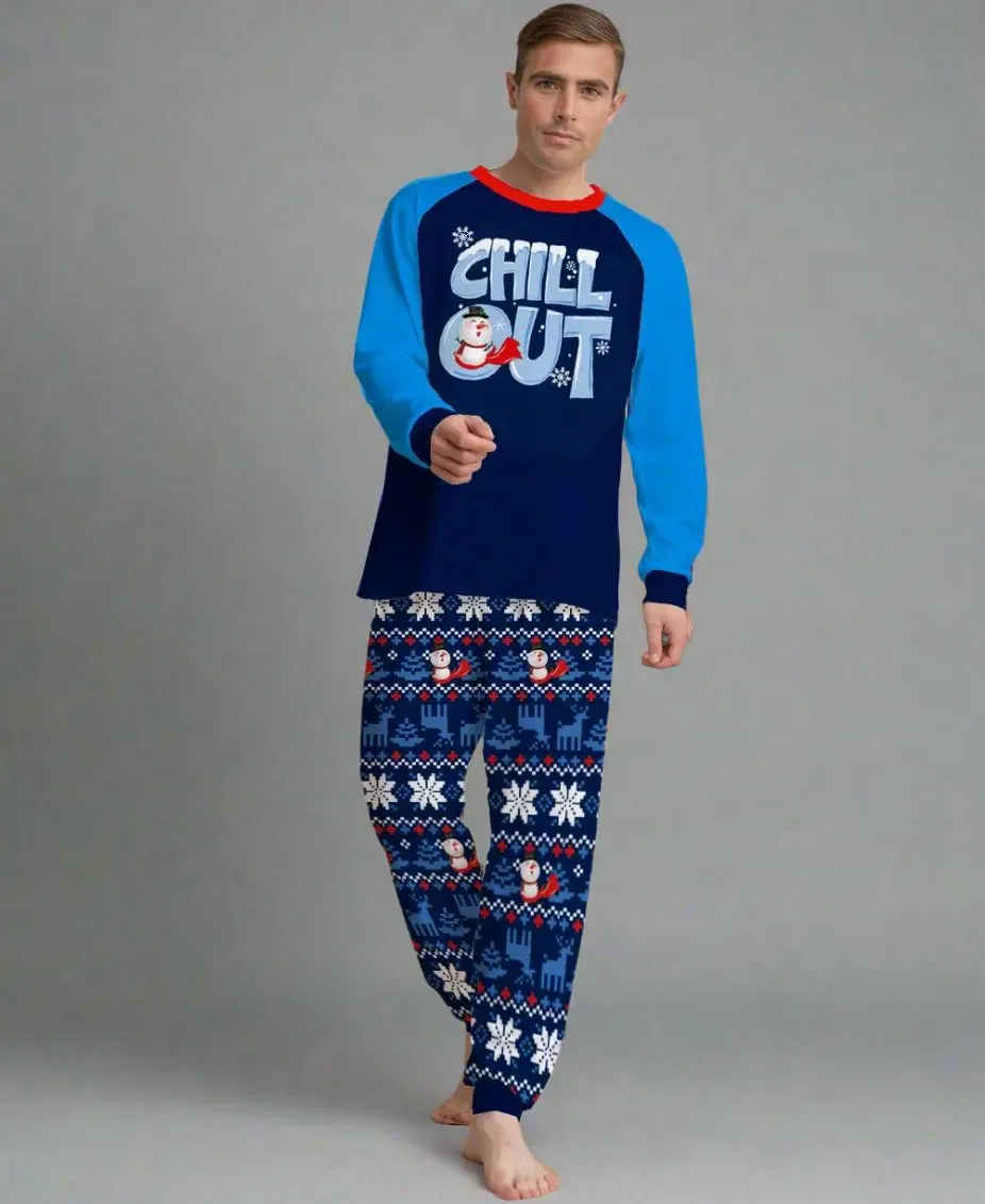 Family Matching Winter Pajama Set - "Chill Out" Snowman Print with Cozy Blue Snowflake Design