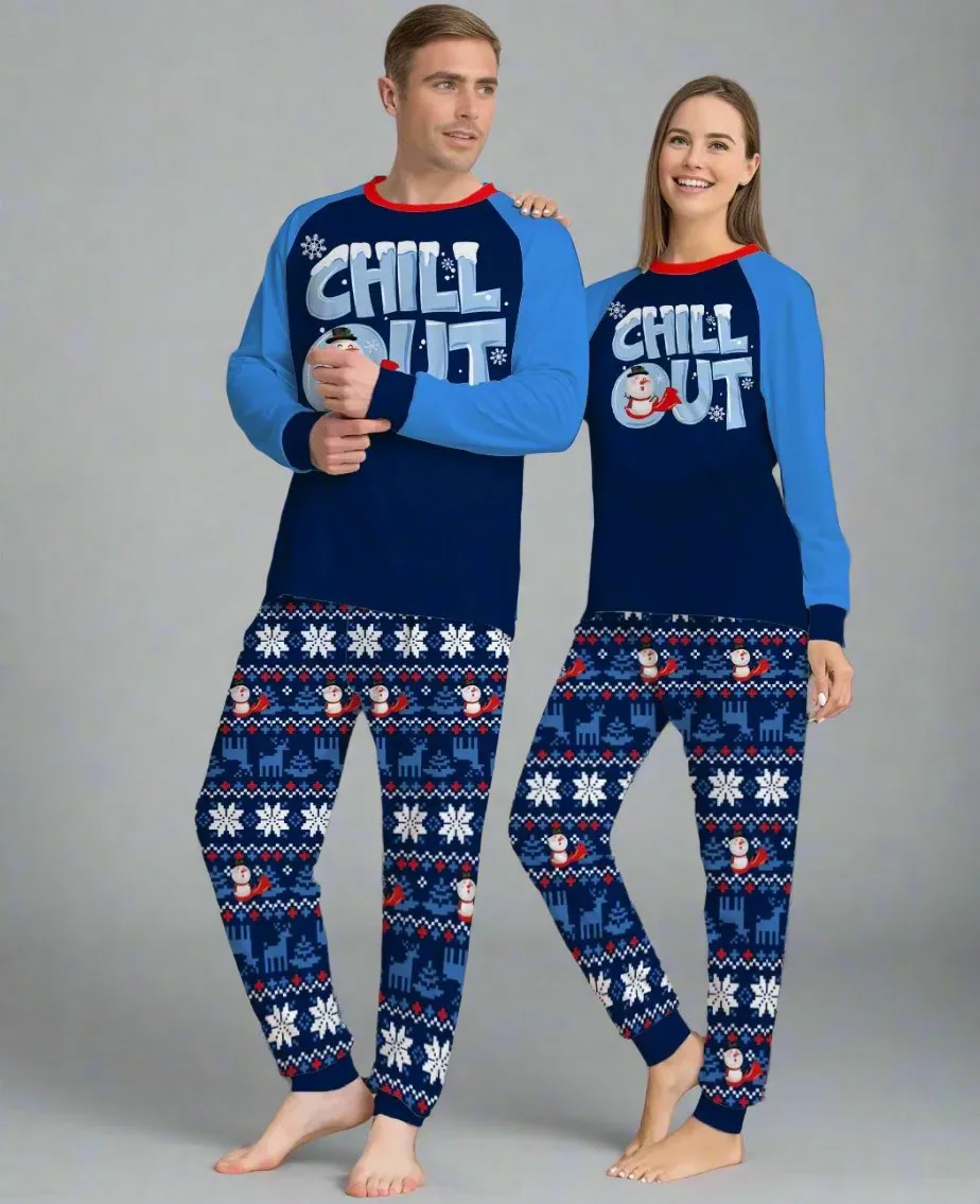 Family Matching Winter Pajama Set - "Chill Out" Snowman Print with Cozy Blue Snowflake Design
