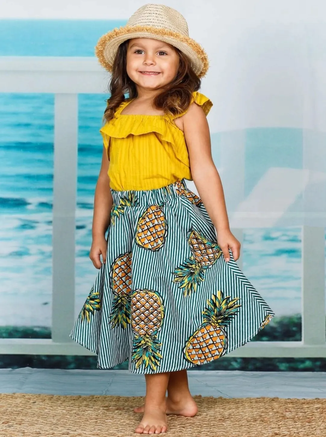 Girls Cute Sleeveless Ruffled Shirt With Pineapple Striped Skirt