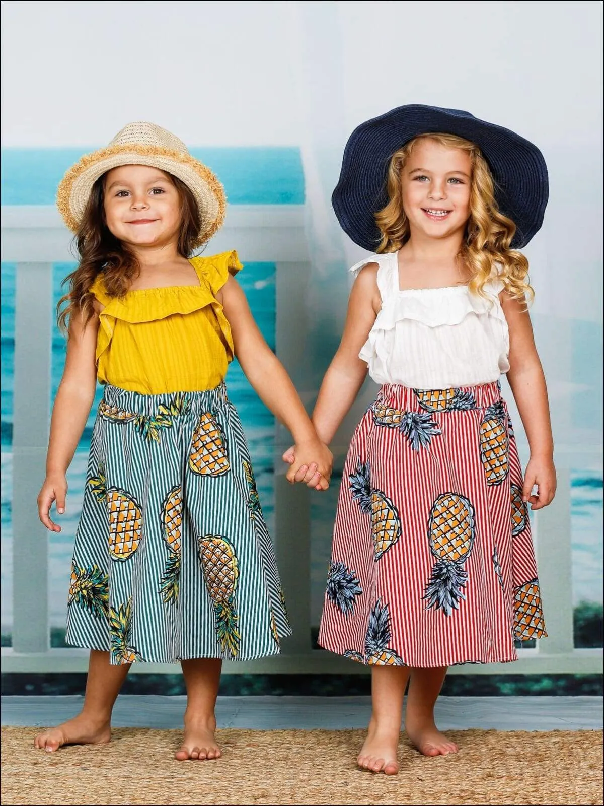 Girls Cute Sleeveless Ruffled Shirt With Pineapple Striped Skirt