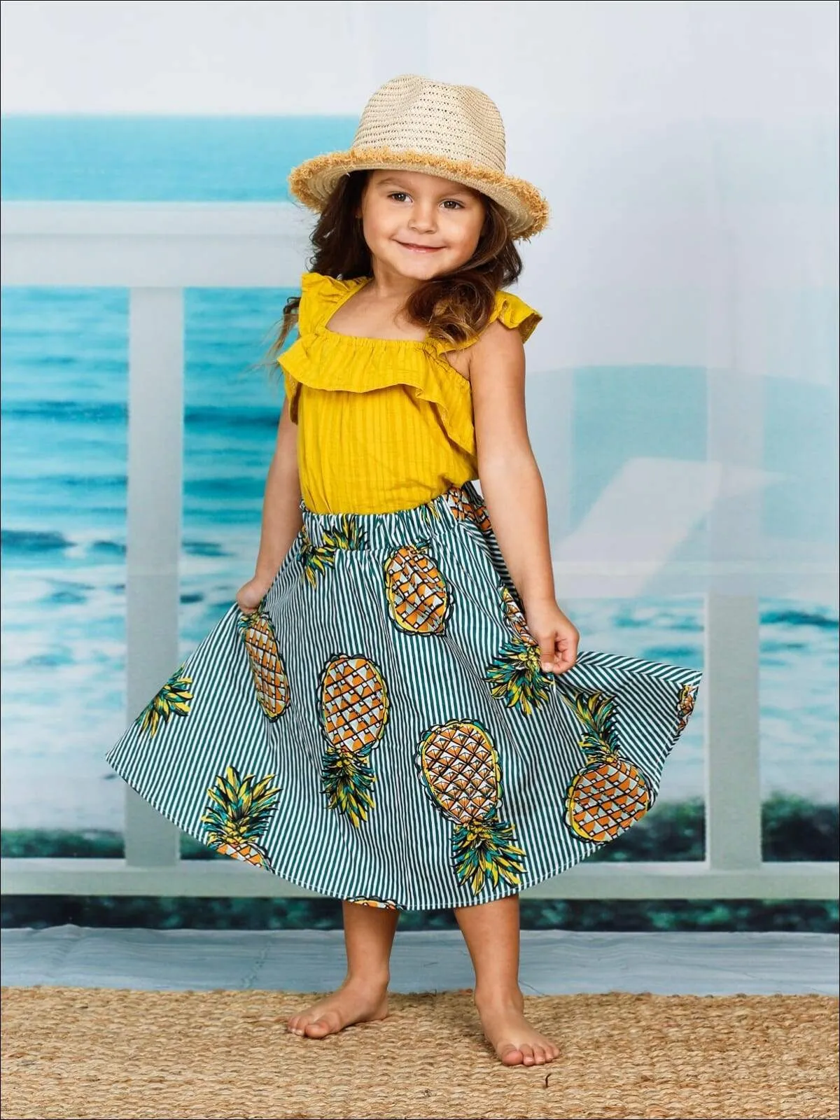 Girls Cute Sleeveless Ruffled Shirt With Pineapple Striped Skirt