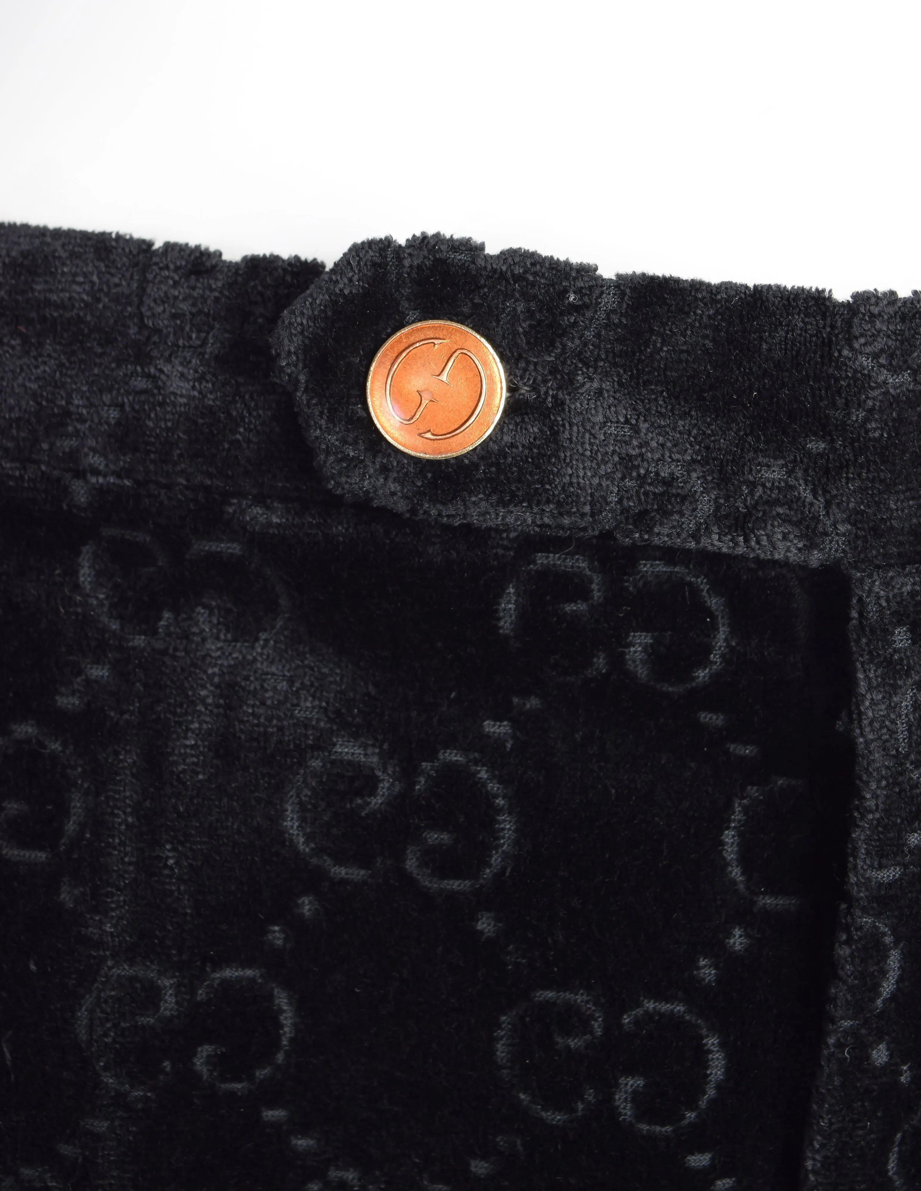 Gucci Vintage 1970s Black GG Logo Monogram Velvet Jacquard Wide Leg Pants