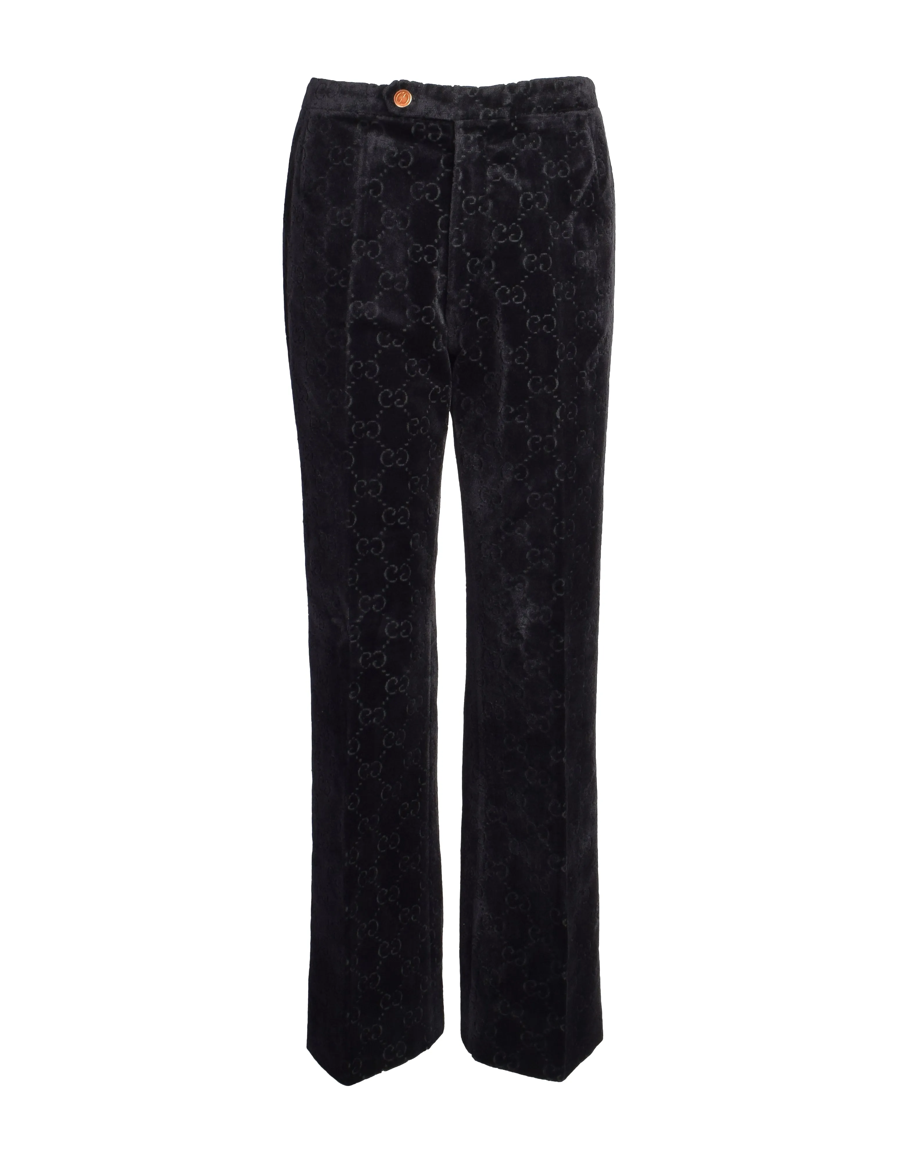 Gucci Vintage 1970s Black GG Logo Monogram Velvet Jacquard Wide Leg Pants