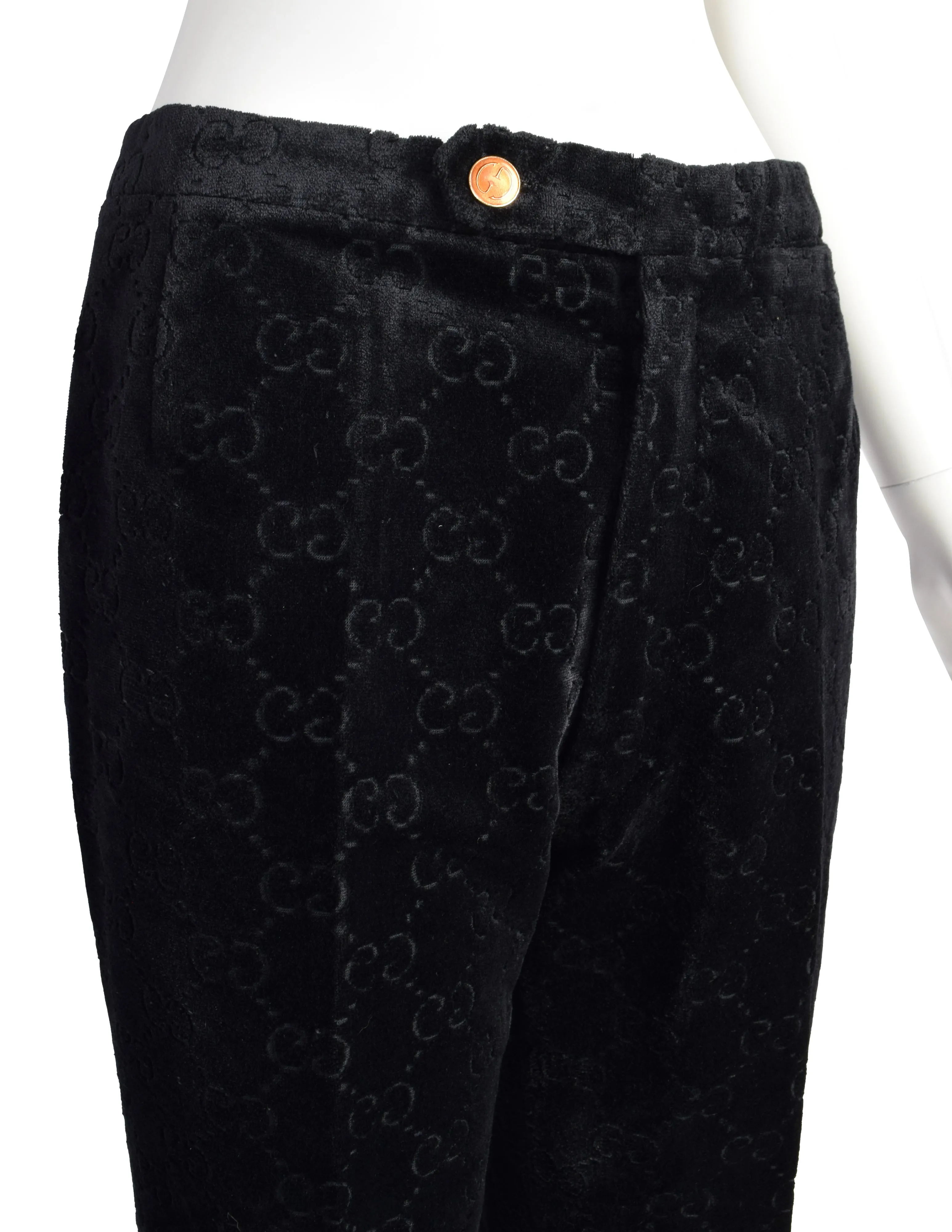 Gucci Vintage 1970s Black GG Logo Monogram Velvet Jacquard Wide Leg Pants