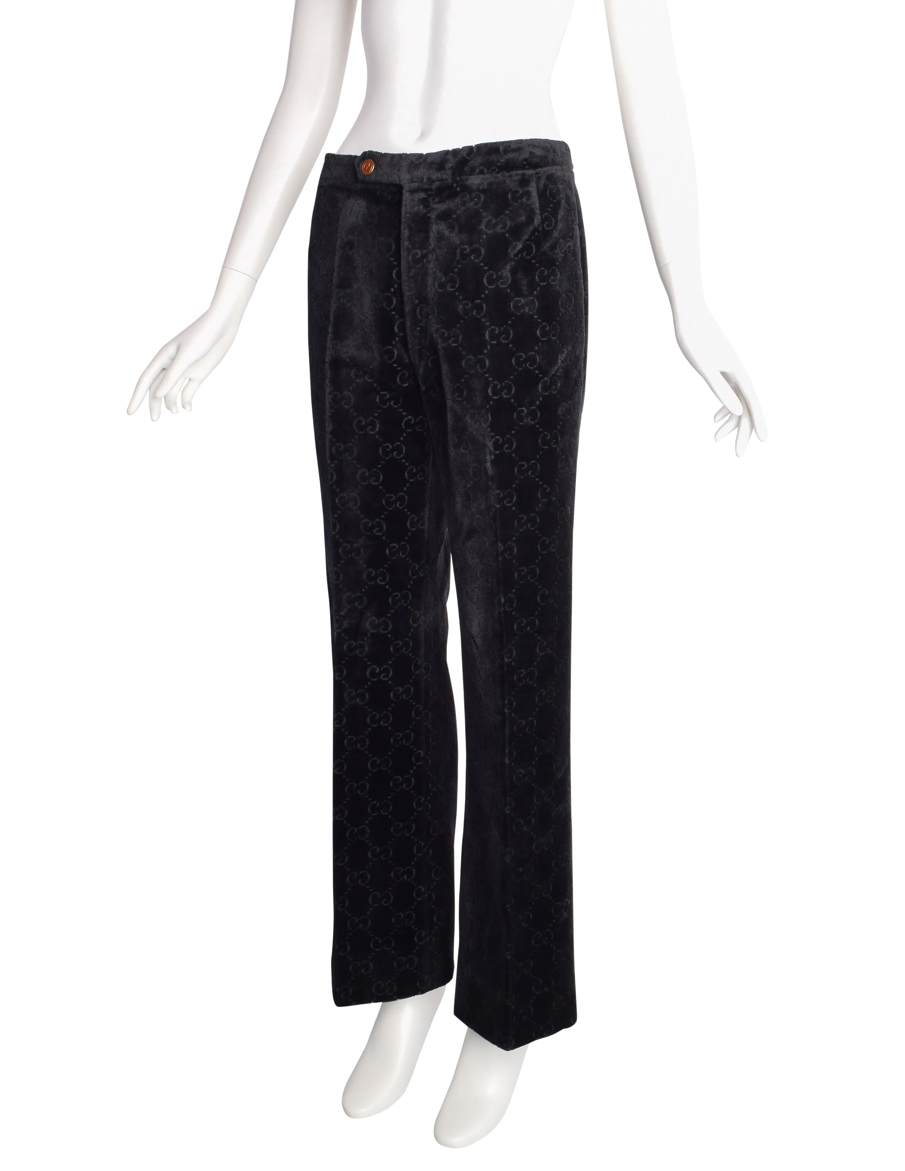 Gucci Vintage 1970s Black GG Logo Monogram Velvet Jacquard Wide Leg Pants