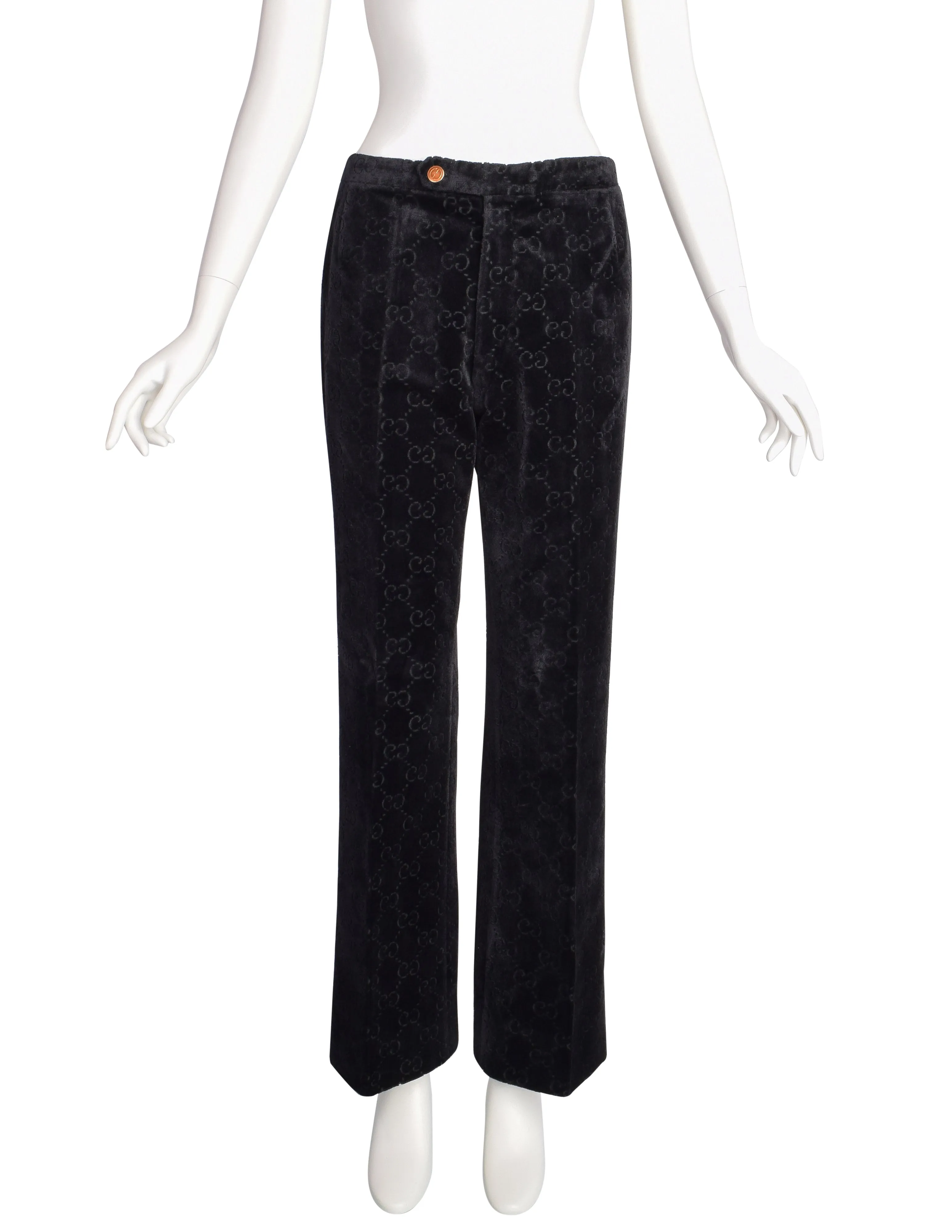 Gucci Vintage 1970s Black GG Logo Monogram Velvet Jacquard Wide Leg Pants