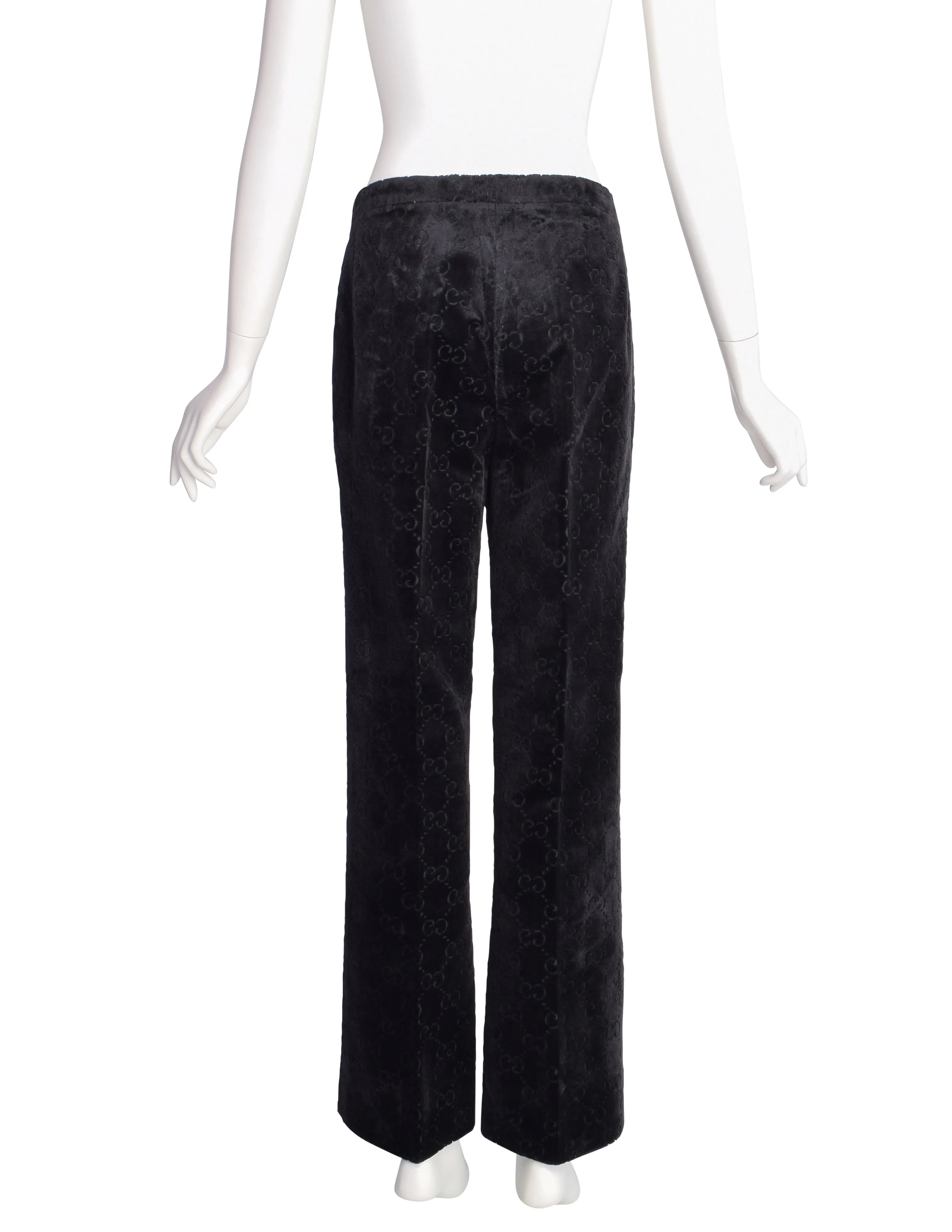 Gucci Vintage 1970s Black GG Logo Monogram Velvet Jacquard Wide Leg Pants