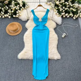 Niche Hollowed Solid Color Slip Dress