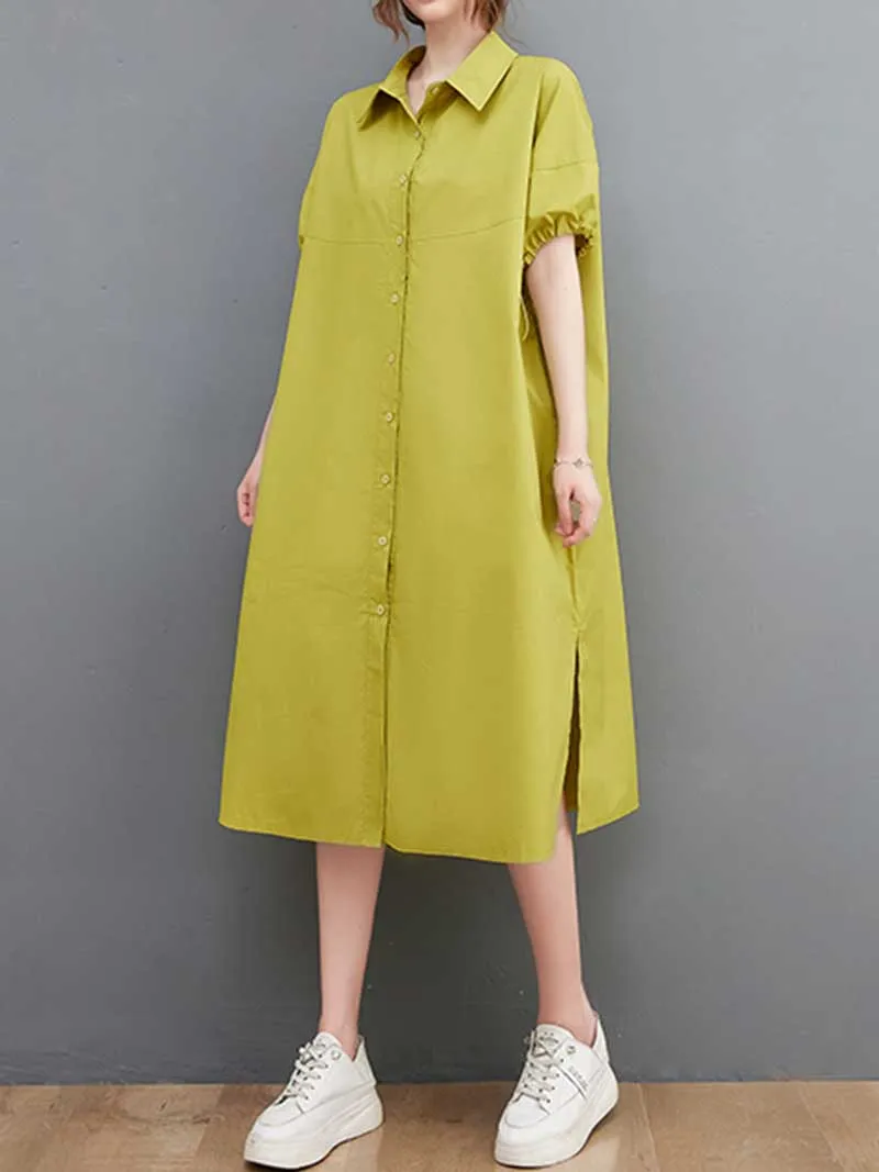 Plan Collar-Neck Cotton Shirt Dress