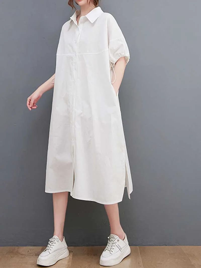 Plan Collar-Neck Cotton Shirt Dress