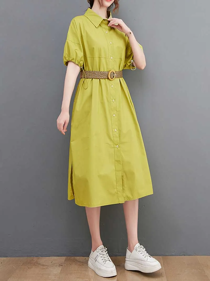 Plan Collar-Neck Cotton Shirt Dress