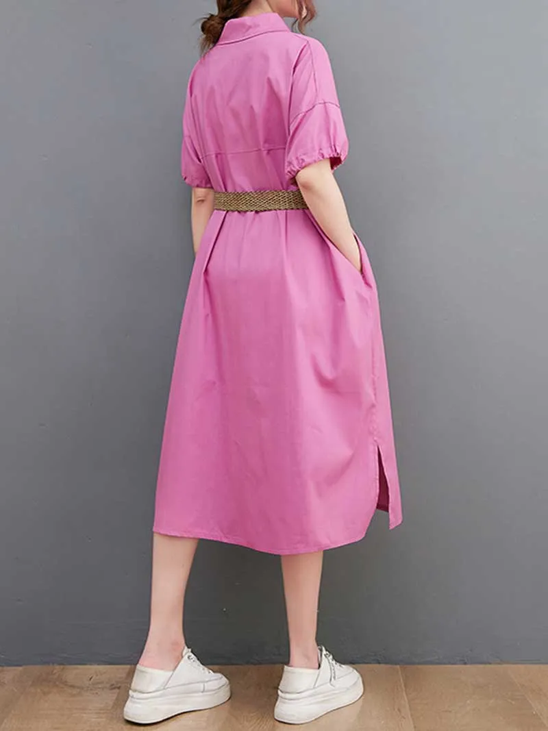 Plan Collar-Neck Cotton Shirt Dress
