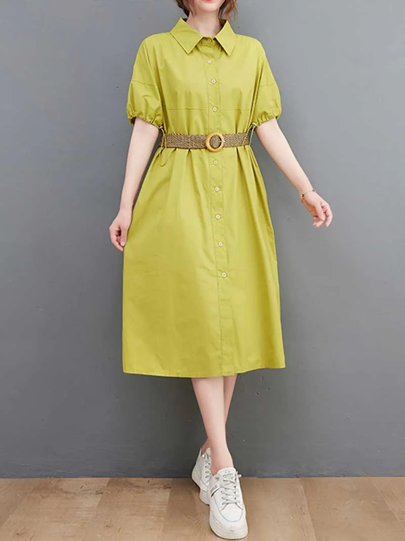 Plan Collar-Neck Cotton Shirt Dress