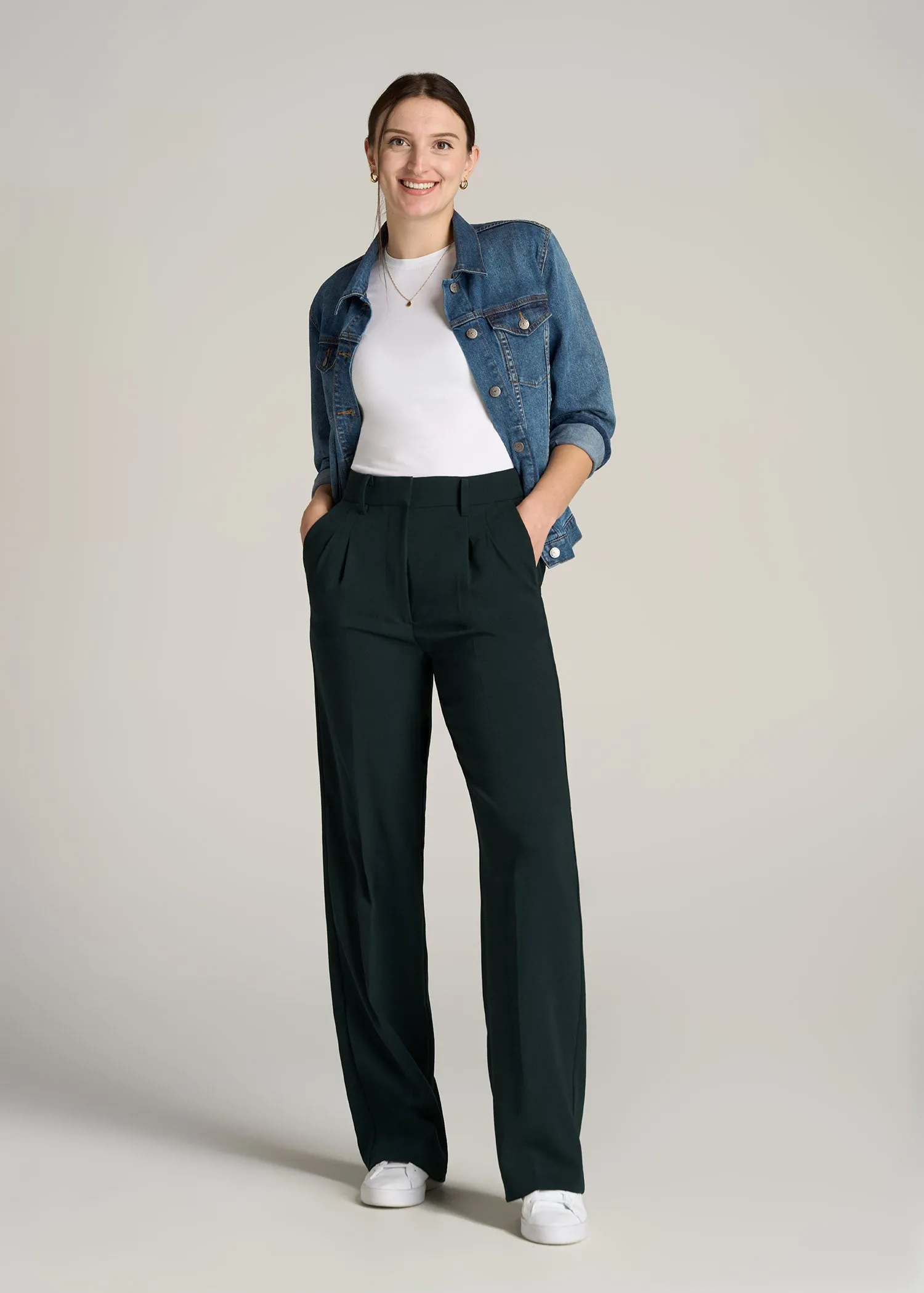 Pleated WIDE Leg Dress Pants for Tall Women in Midnight Green