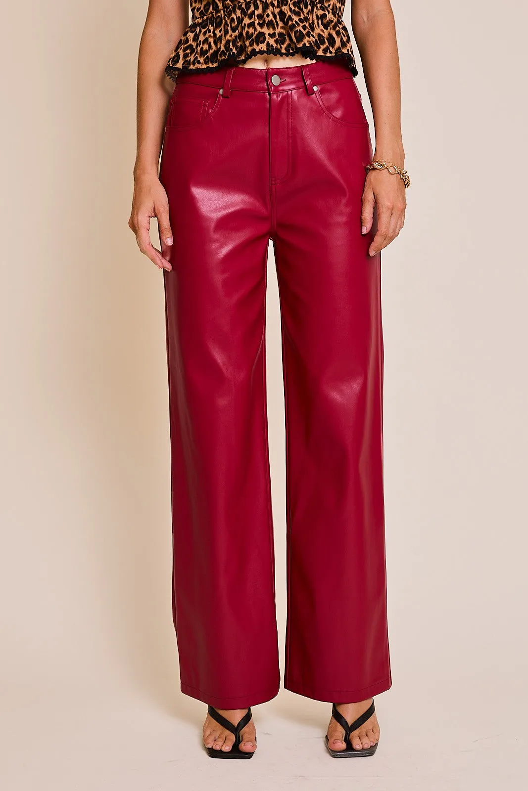 Red High Waist Faux Leather Pants