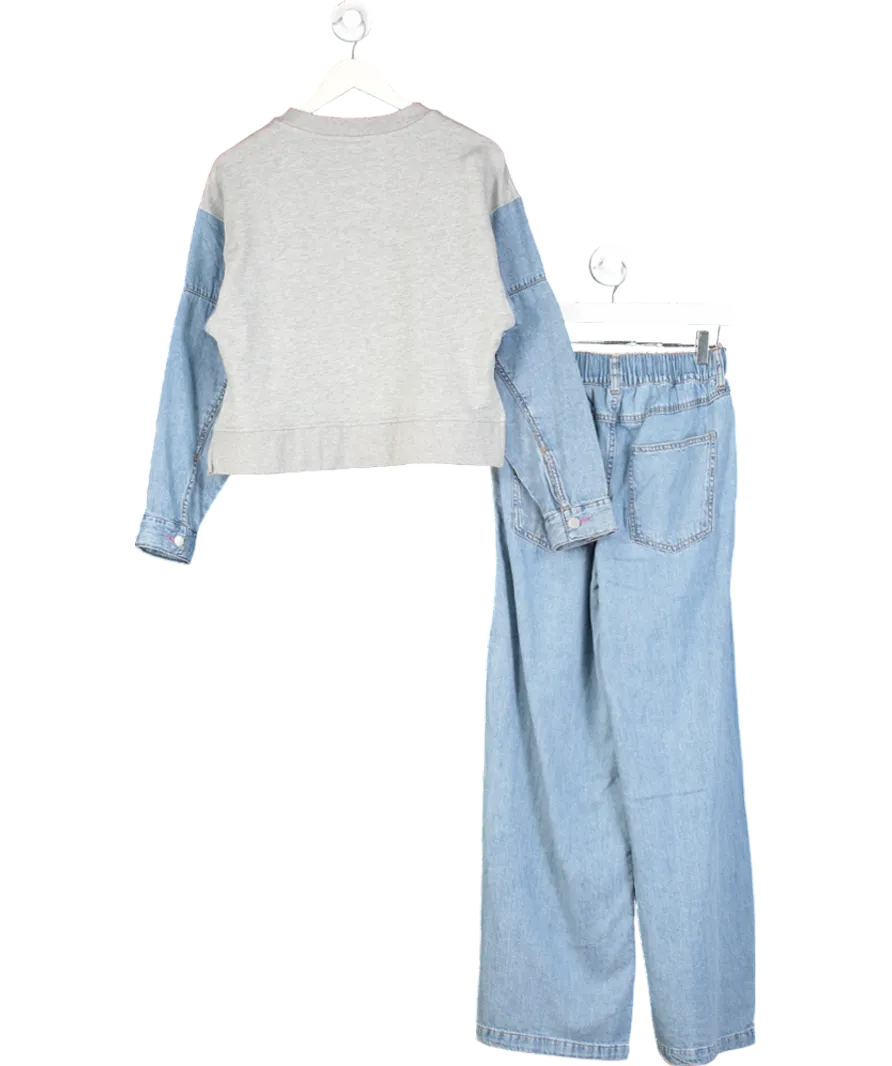 River Island Grey Denim Hybrid Sweatshirt And Wide Leg Joggers UK XS