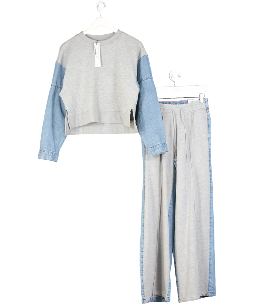 River Island Grey Denim Hybrid Sweatshirt And Wide Leg Joggers UK XS