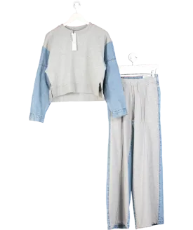 River Island Grey Denim Hybrid Sweatshirt And Wide Leg Joggers UK XS