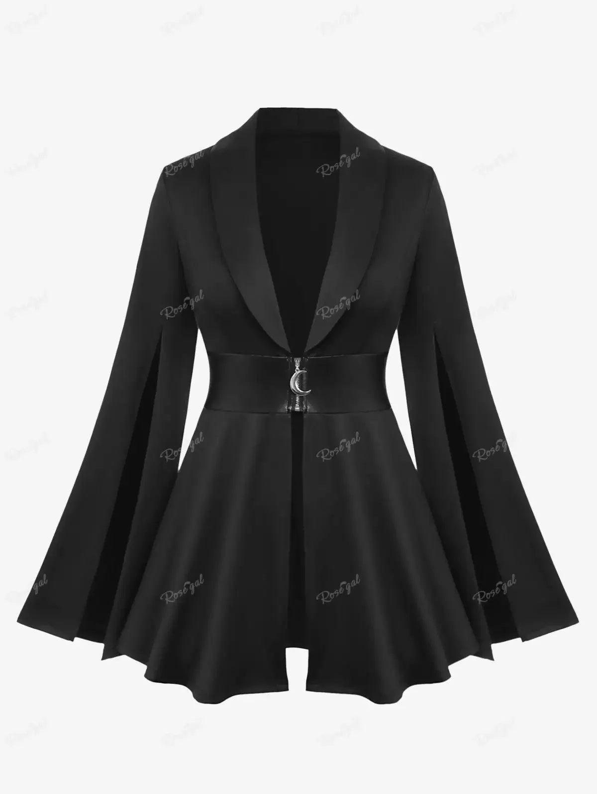 Ros gal plus Größe Gothic weit taillierten Mantel Revers Kragen geteilte Flatter ärmel Pu Panel Reiß verschluss Gürtel geraffte Jacke Outwear schwarz