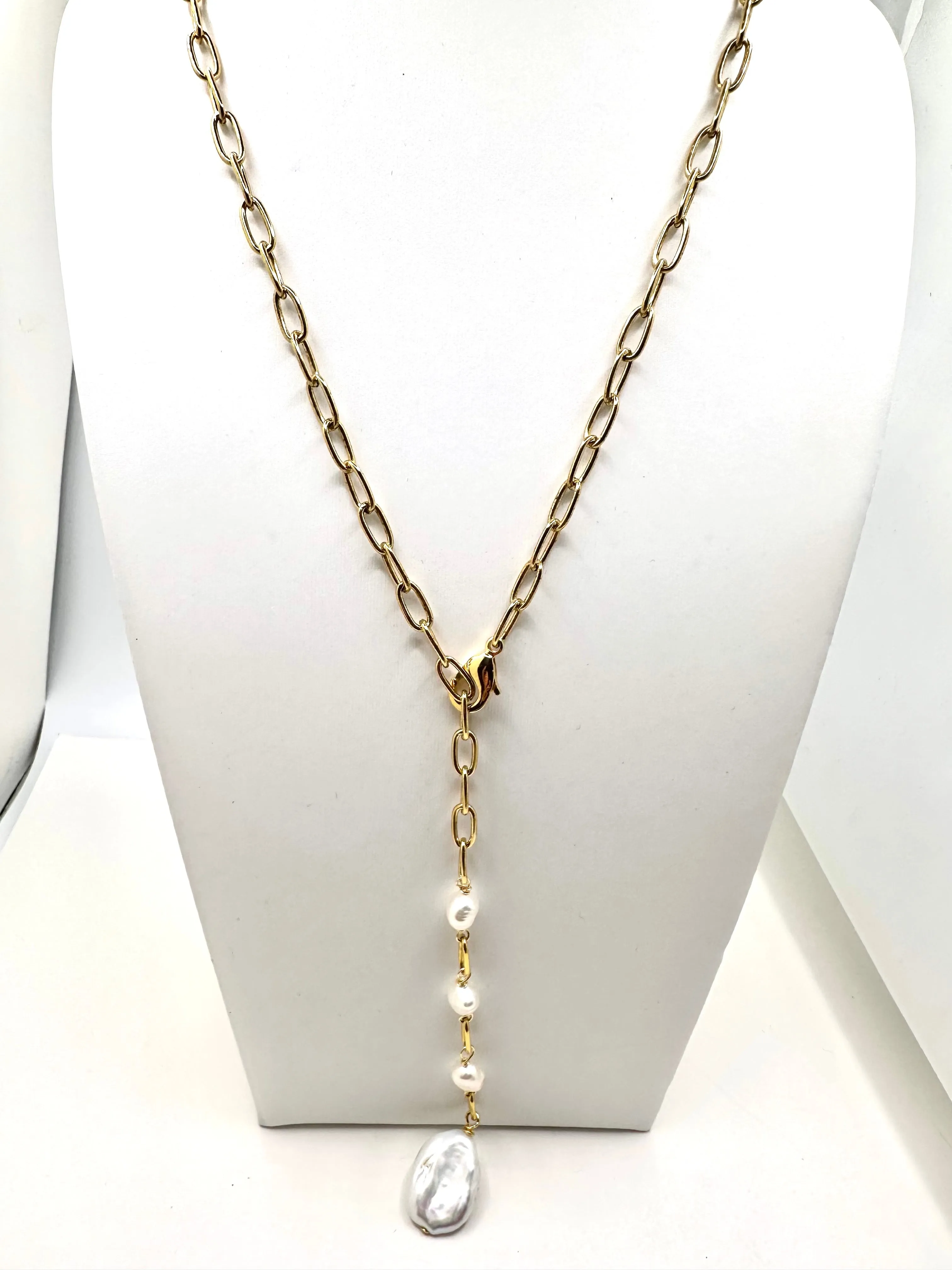 Small Paperclip Link with Gorgeous Pearl Detail and Disc Pearl Drop