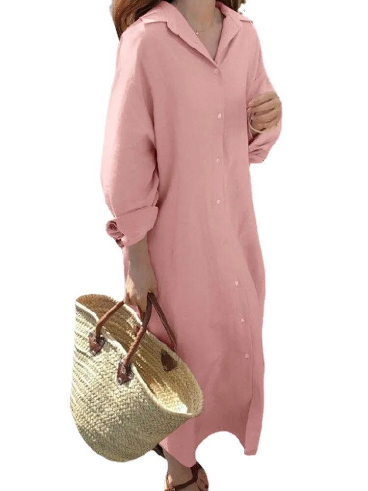 Solid Color Long Sleeve Lapel Loose Maxi Shirt Dress